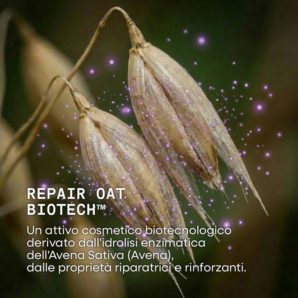 Due spighe d'avena con particelle scintillanti viola. Testo: REPAIR OAT BIOTECH.