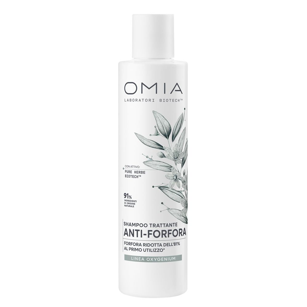Flacone bianco OMIA Shampoo Trattante Anti-Forfora con motivo vegetale e testo. Contiene 91% di ingredienti naturali.