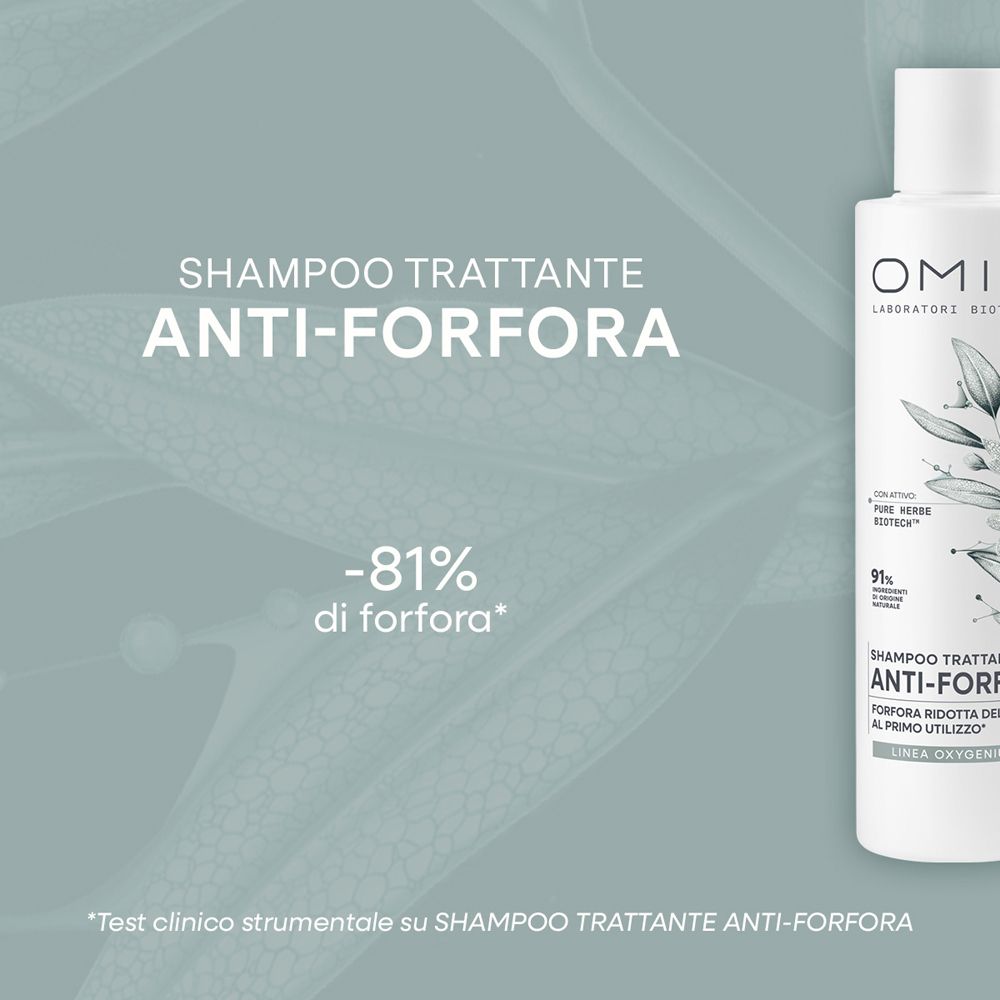 Flacone bianco di shampoo antiforfora. Testo: 'SHAMPOO TRATTANTE ANTI-FORFORA', '-81% di forfora'.