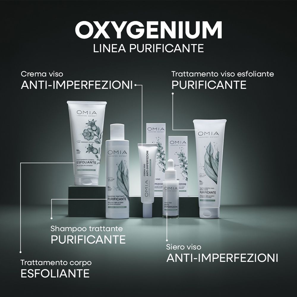 Linea purificante OMIA Oxygenium: crema viso, trattamento viso, shampoo, siero e trattamento corpo.