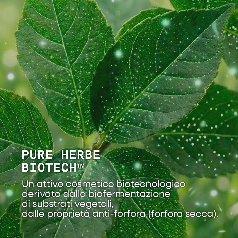 Foglie verdi con macchioline bianche, testo 'PURE HERBE BIOTECH'.