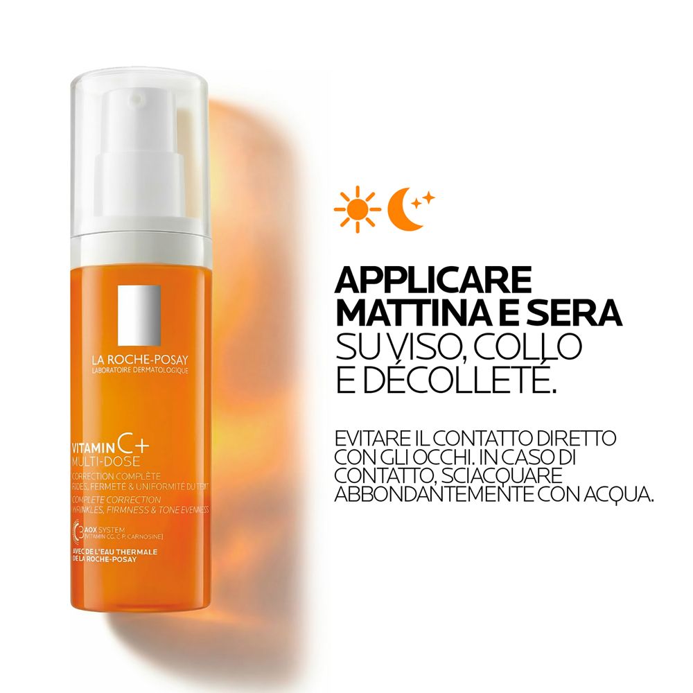 Orange Flasche mit Pumpspender, La Roche-Posay Vitamin C+ Multi-Dose, Anwendungshinweise.