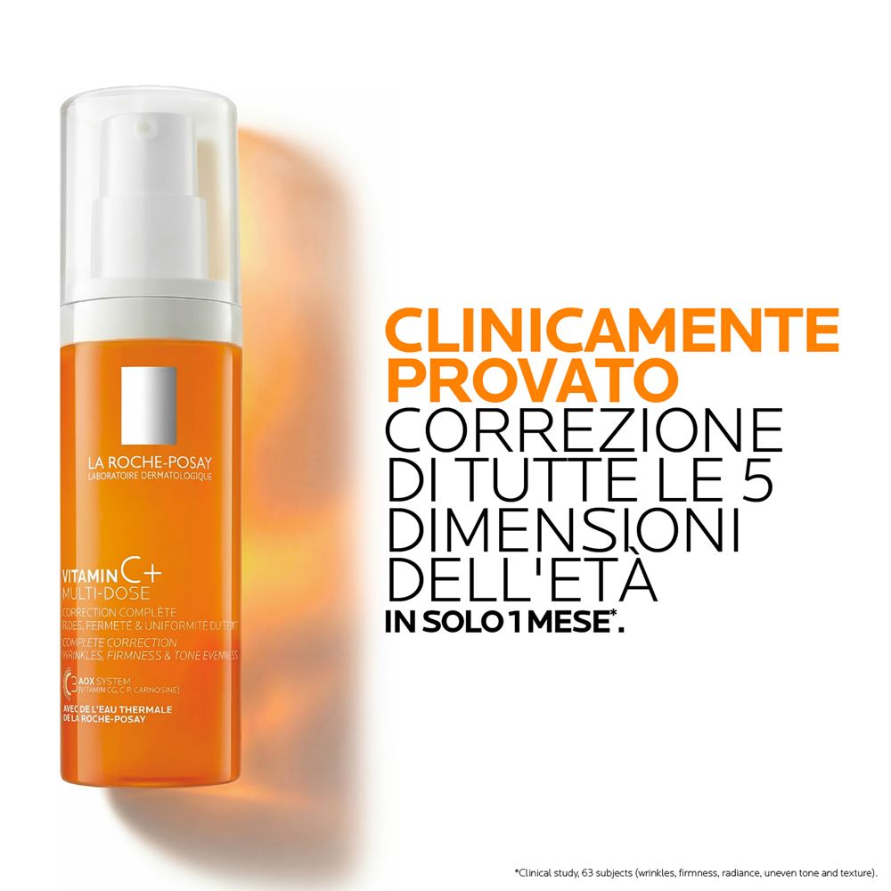 Orange Flasche mit Pumpspender, La Roche-Posay Vitamin C+ Multi-Dose, klinisch erwiesen.