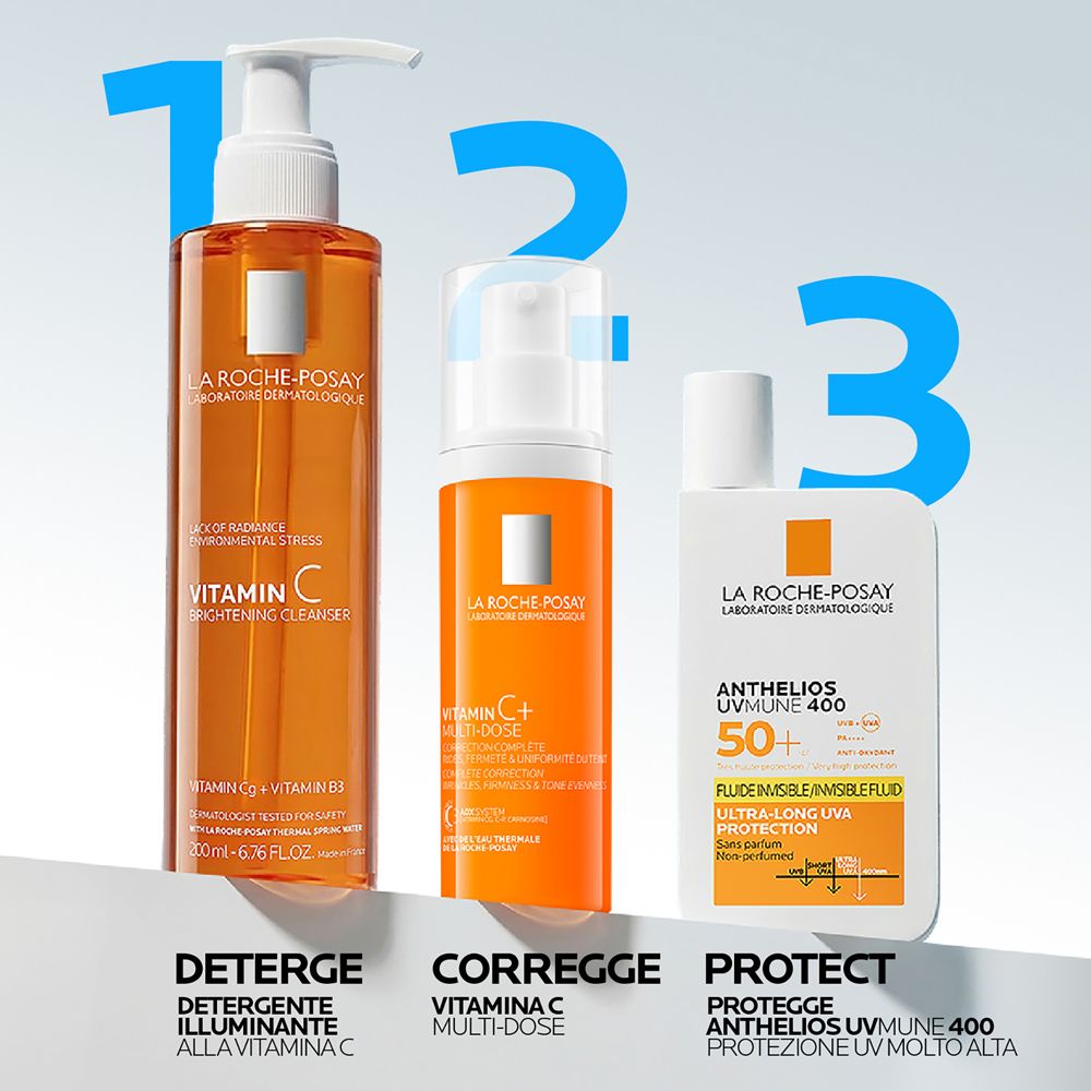 Reinigungsflasche, La Roche-Posay Vitamin C+ Multi-Dose Flasche, Sonnenschutz.