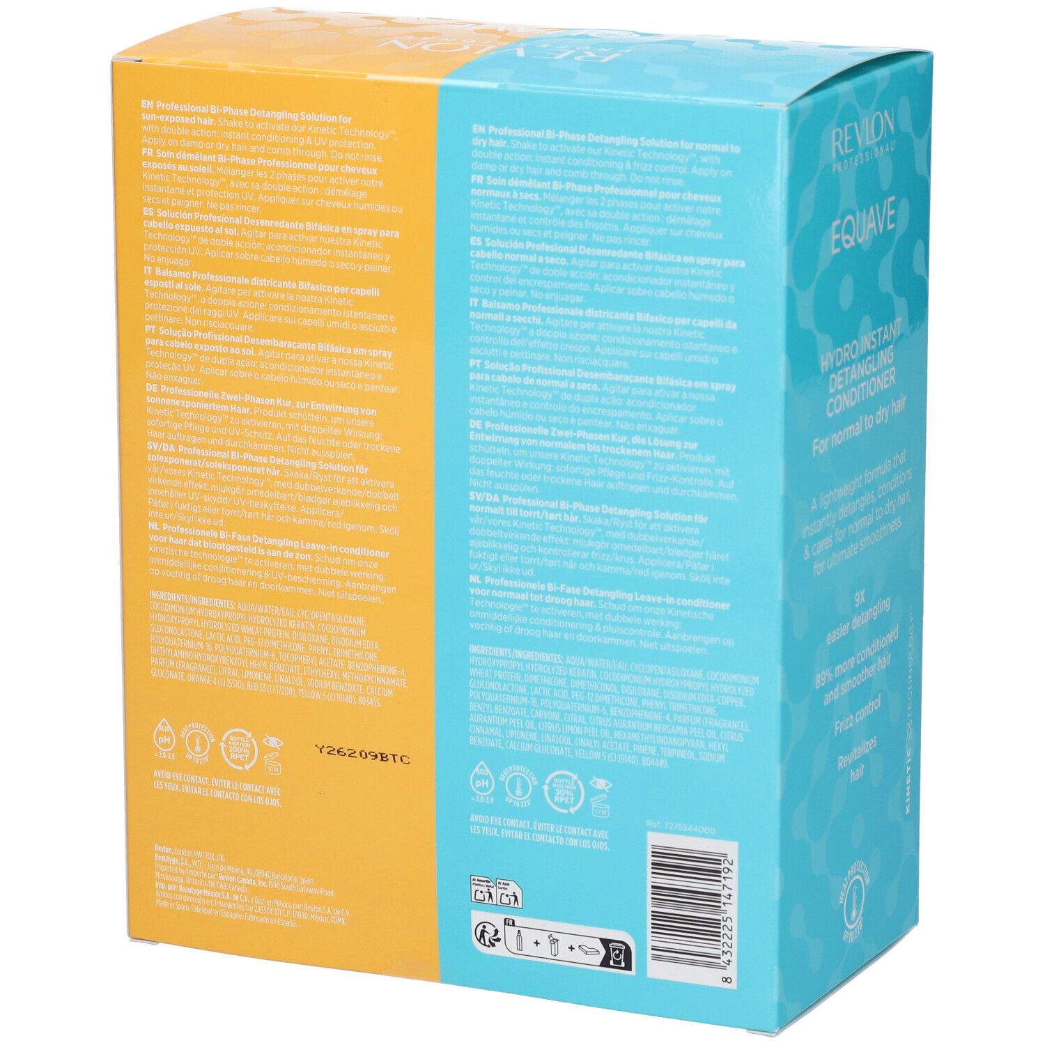 Zwei REVLON EQUAVE Hydro-Nutritive Detangling Conditioner Boxen, gelb und blau, mit Text.