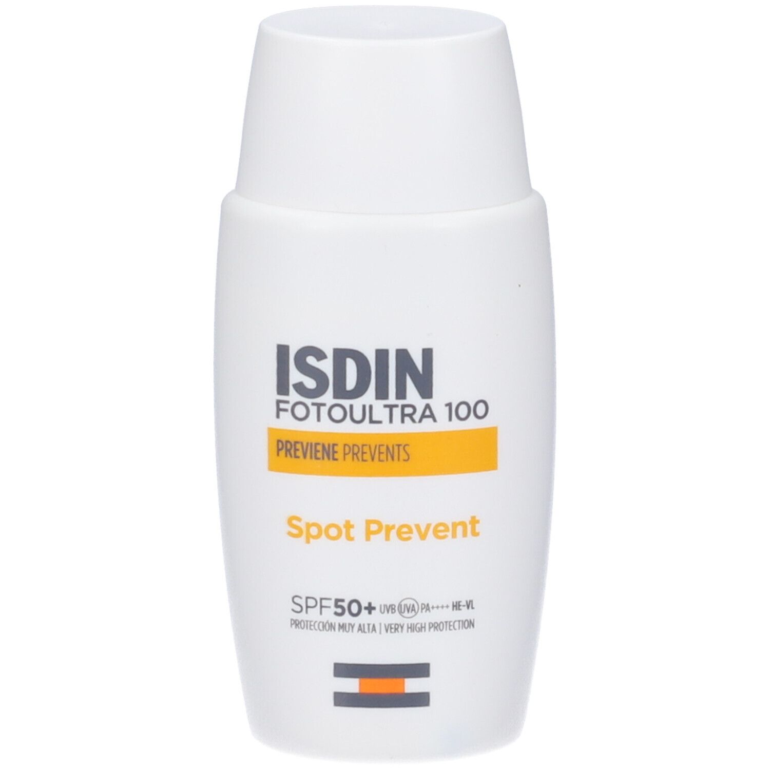 ISDIN Fotoultra Spot Prevent Sonnencreme mit SPF50+. Weiße Flasche mit orangefarbenem Etikett.