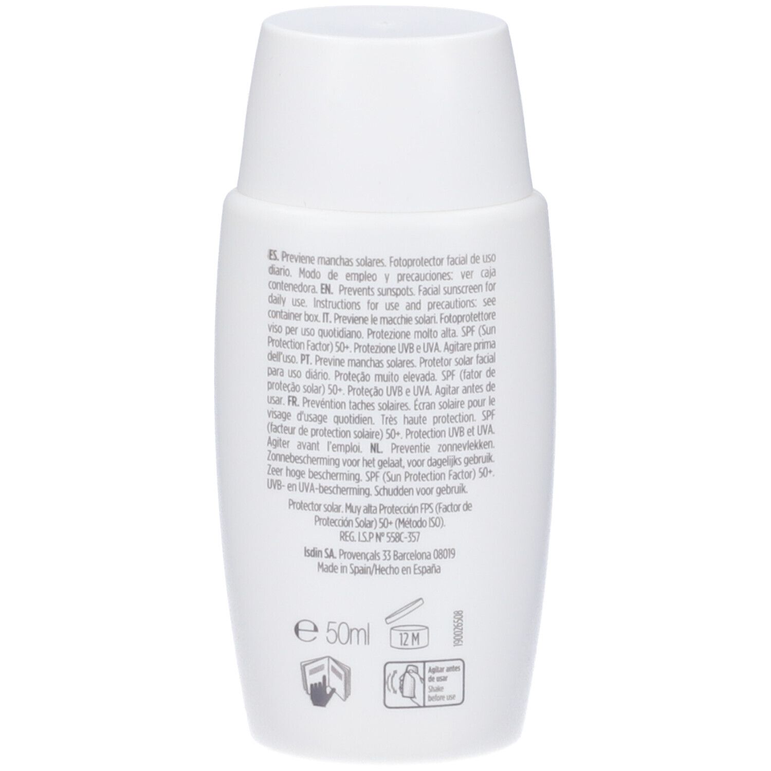 Rückseite der ISDIN Fotoultra Spot Prevent Sonnencreme 50ml. Enthält Anwendungshinweise und Inhaltsstoffe.
