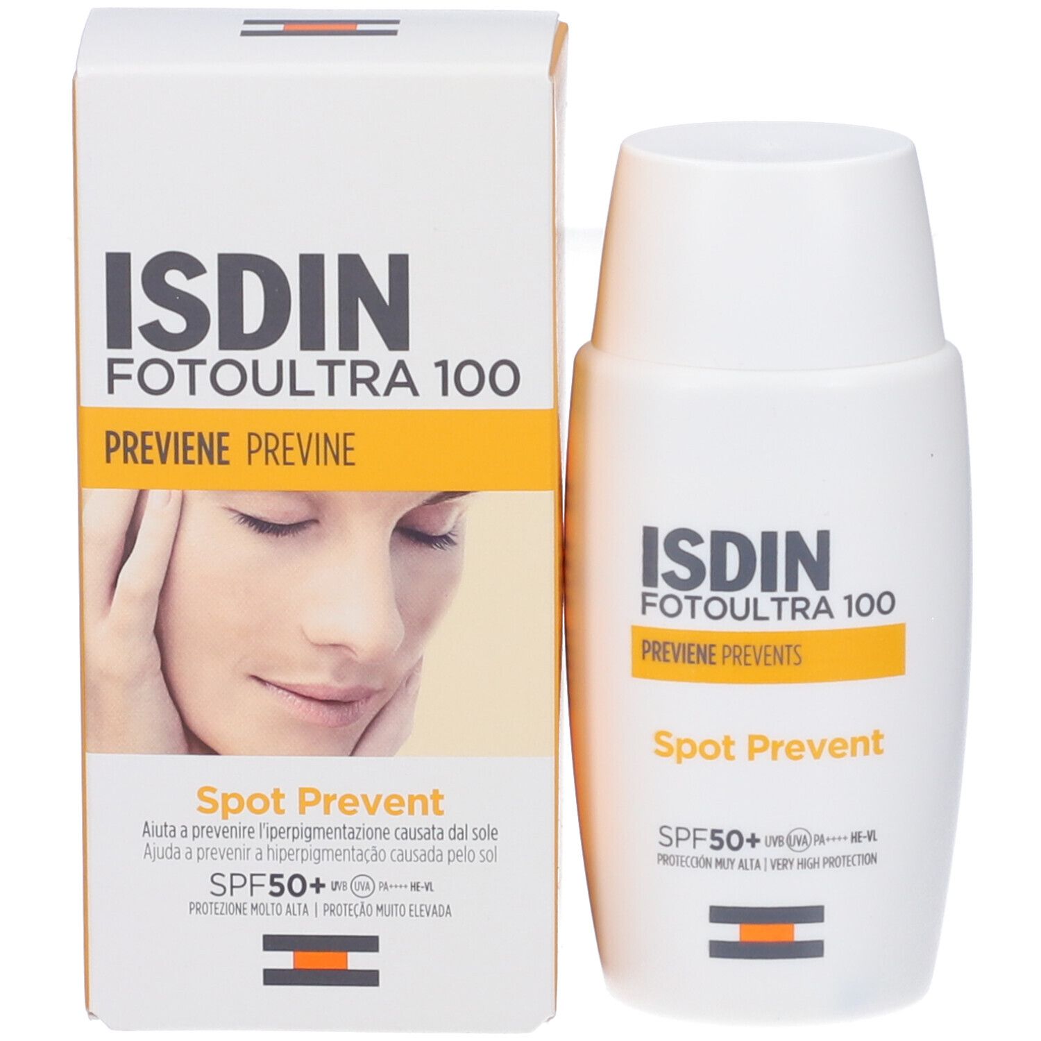 ISDIN Fotoultra Spot Prevent Sonnencreme 50+ und Kartonverpackung. Zeigt eine Frau und Produktinformationen.