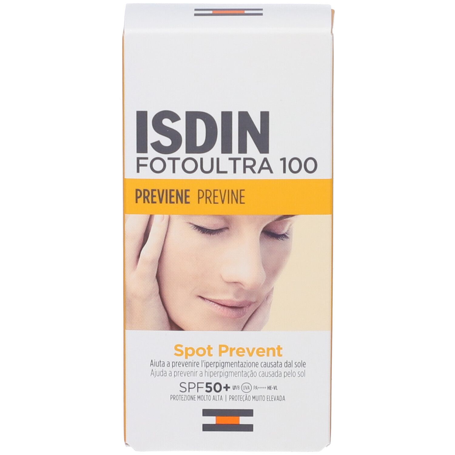 Kartonverpackung der ISDIN Fotoultra Spot Prevent Sonnencreme 50+. Mit Bild einer Frau und Produktmerkmalen.
