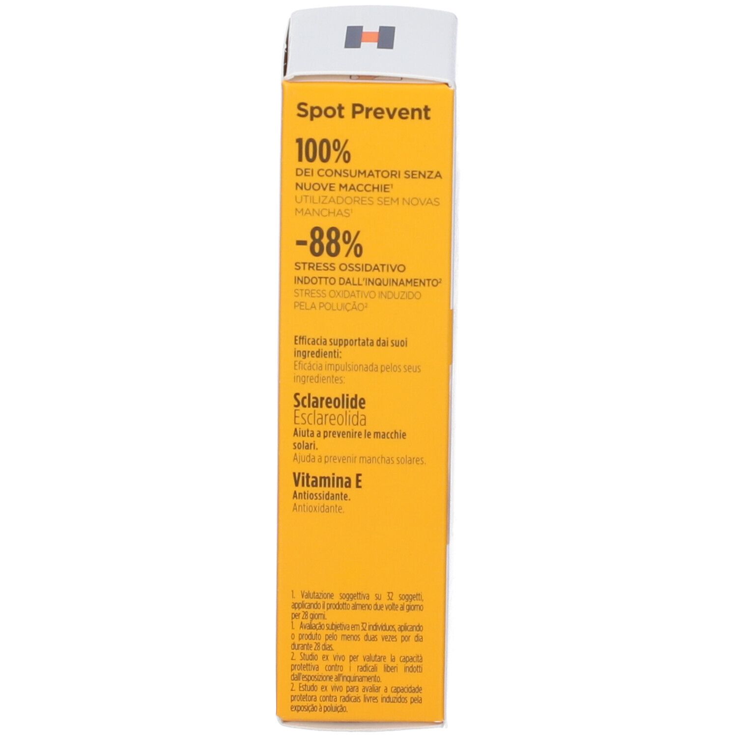 Seite der ISDIN Fotoultra Spot Prevent Sonnencreme Verpackung. Zeigt Vorteile und Inhaltsstoffe wie Sclareolide.