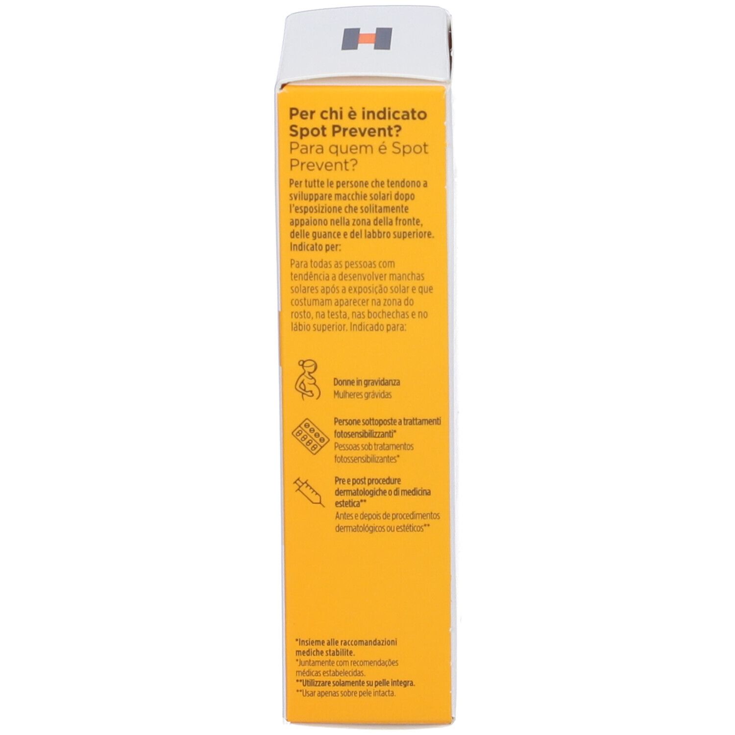 Seite der ISDIN Fotoultra Spot Prevent Verpackung. Zeigt Indikationen und Zielgruppen für die Sonnencreme.