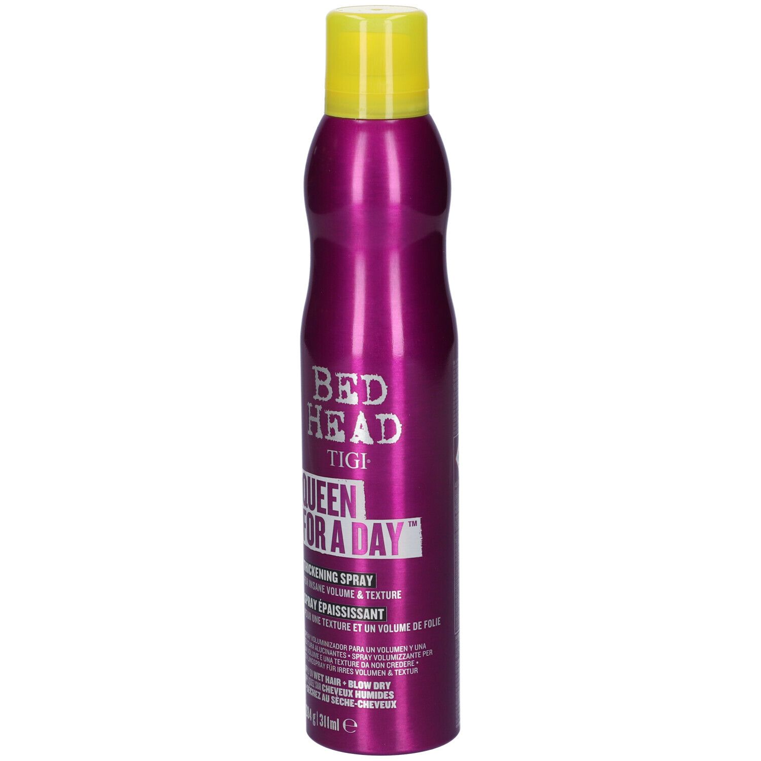 Bed Head Tigi Queen for a Day Spray, 150 ml. Pinke Dose mit gelbem Deckel.
