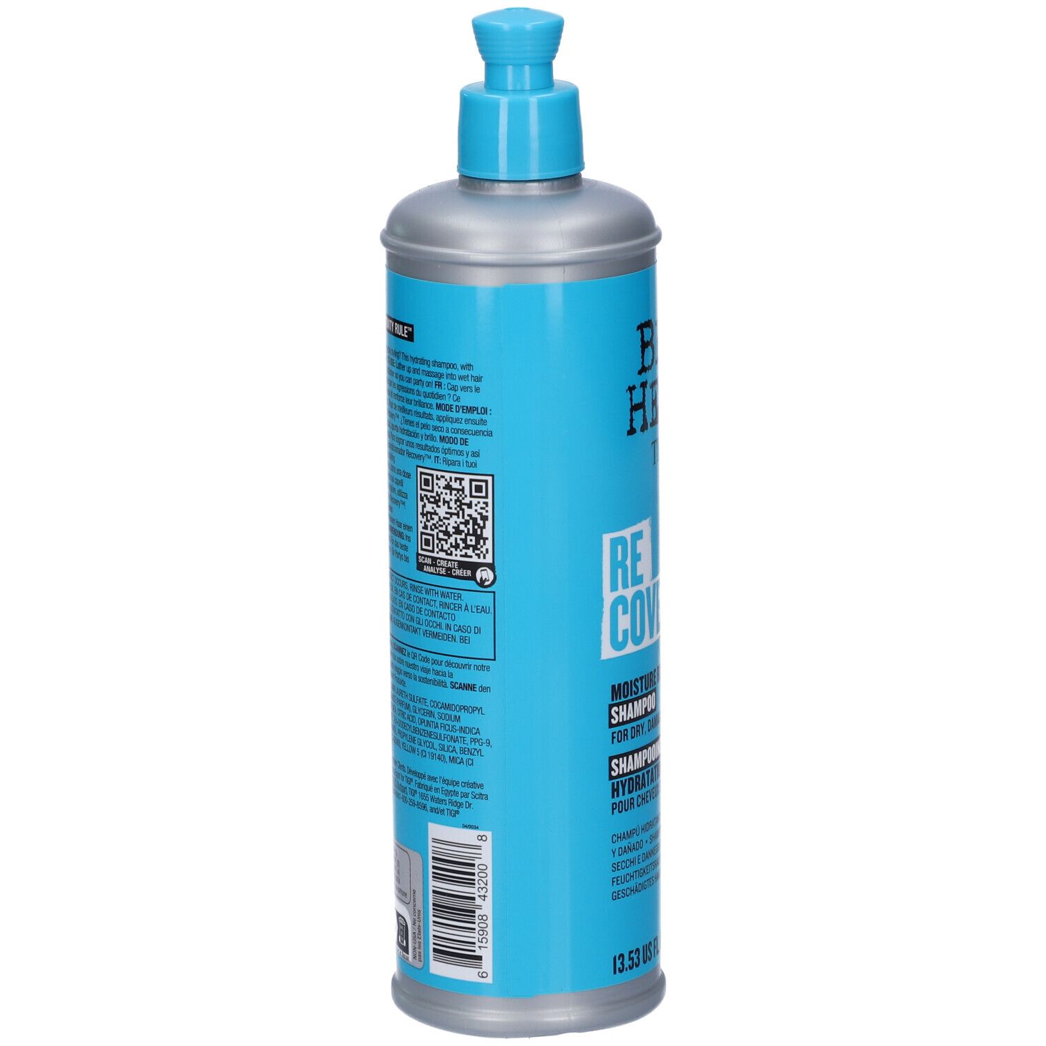 Blaue Flasche mit Pumpspender, 13.5 fl oz. Enthält Text und QR-Code auf dem Etikett.
