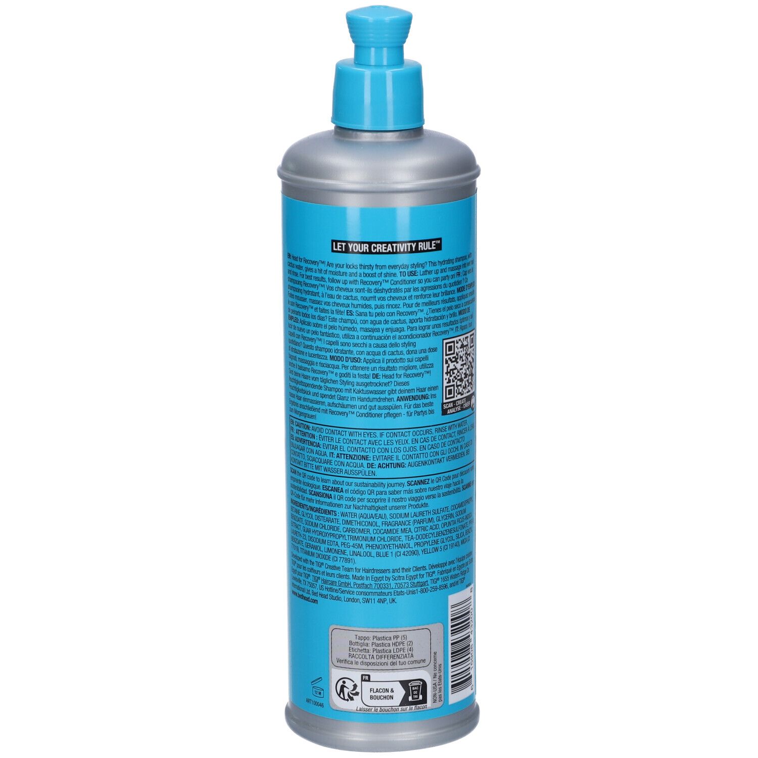 Flasche mit blauem Etikett und silbernem Hals, blaue Pumpe.