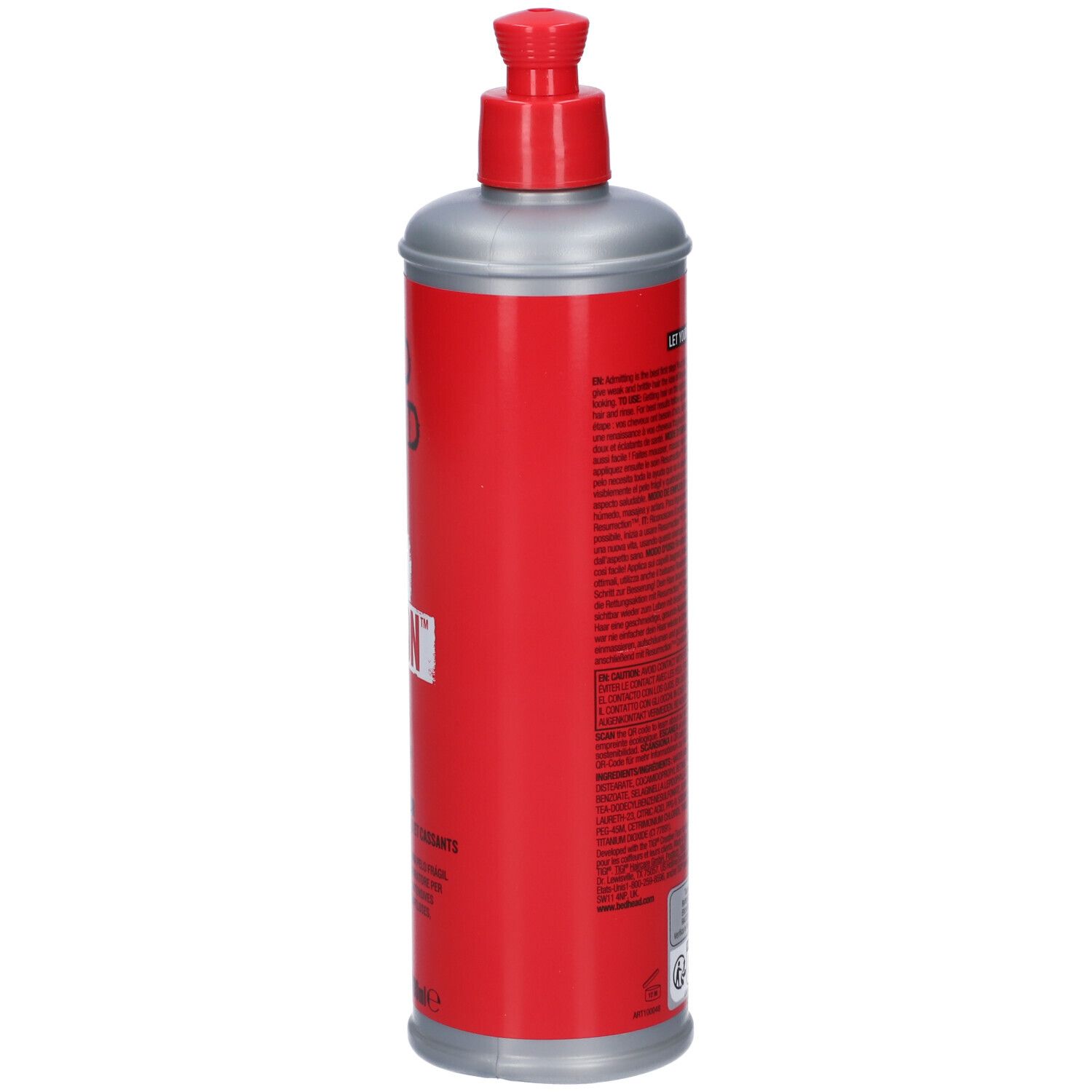 Rote Flasche mit silbernem Pumpspender und silbernem Boden.