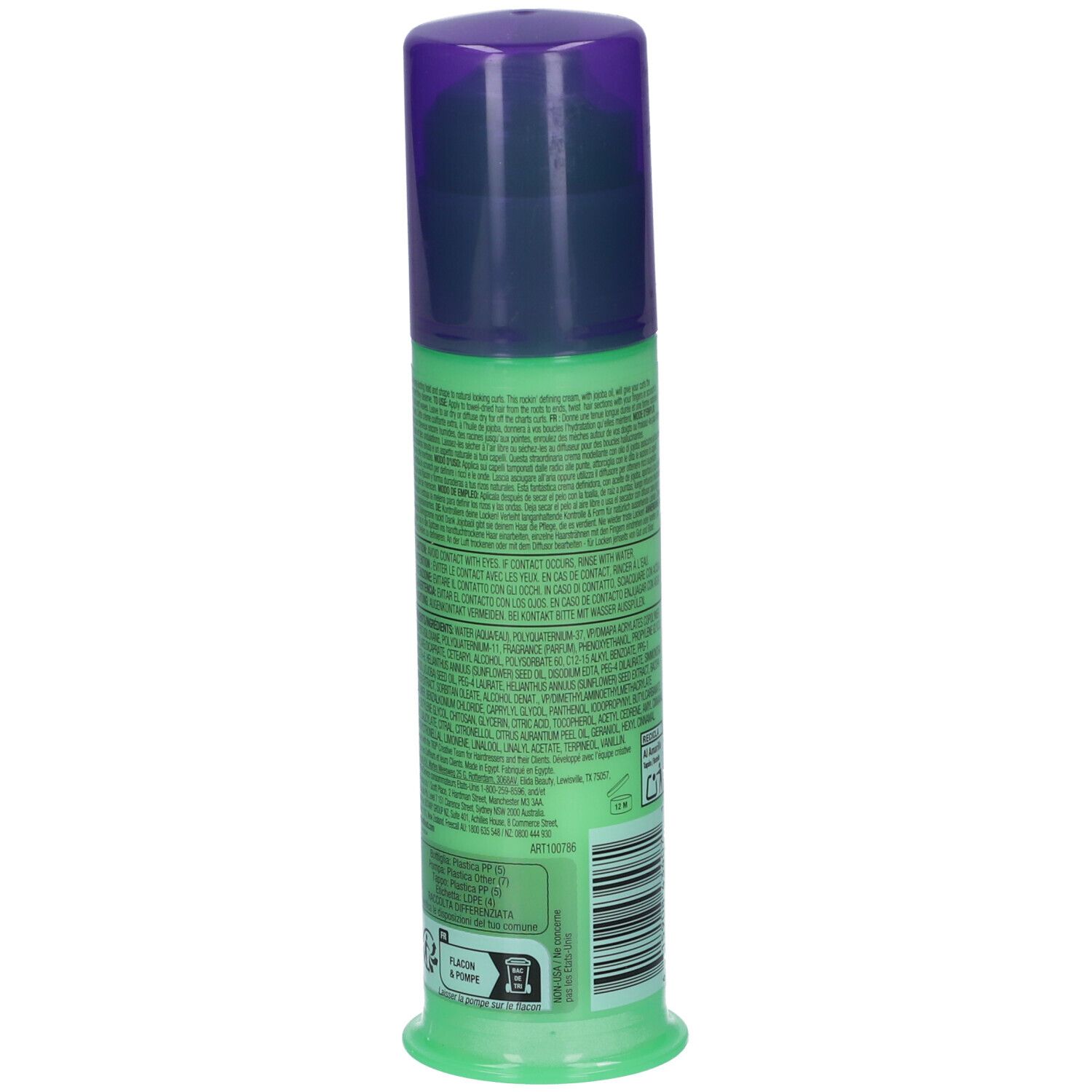 Grüne Flasche mit türkisfarbenem Pumpspender und lila Verschluss. Text auf Englisch und Französisch.