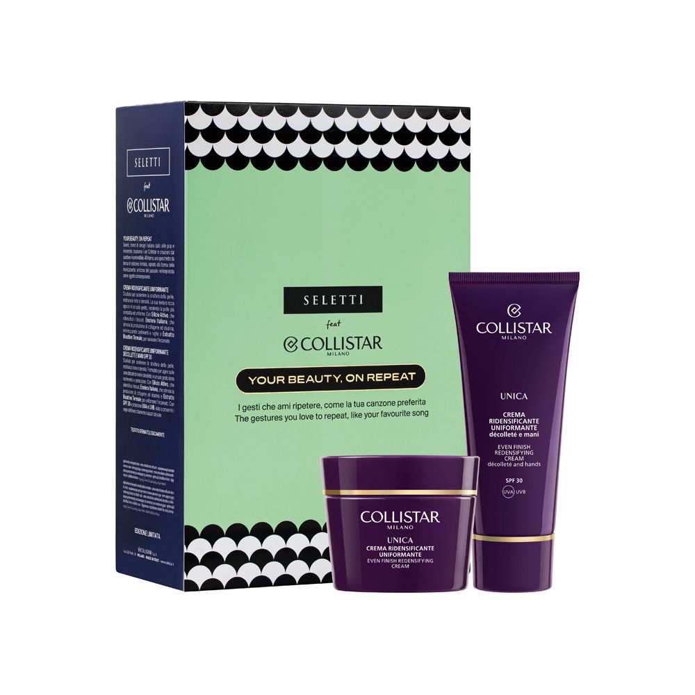 Collistar Cofanetto Unica Crema Ridensificante Uniformante 50ml + Unica Crema Ridensificante Uniformante Décolleté e Mani 75ml + Specchio da Borsa Seletti