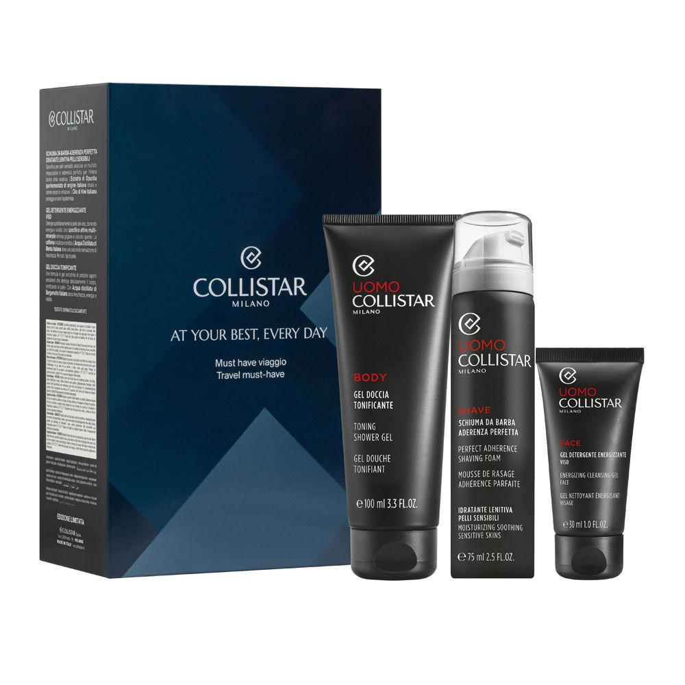 Collistar Cofanetto Must Have Viaggio Uomo Gel Doccia Tonificante 100ml + Schiuma da Barba 75ml + Gel Detergente Energizzante Viso 30ml