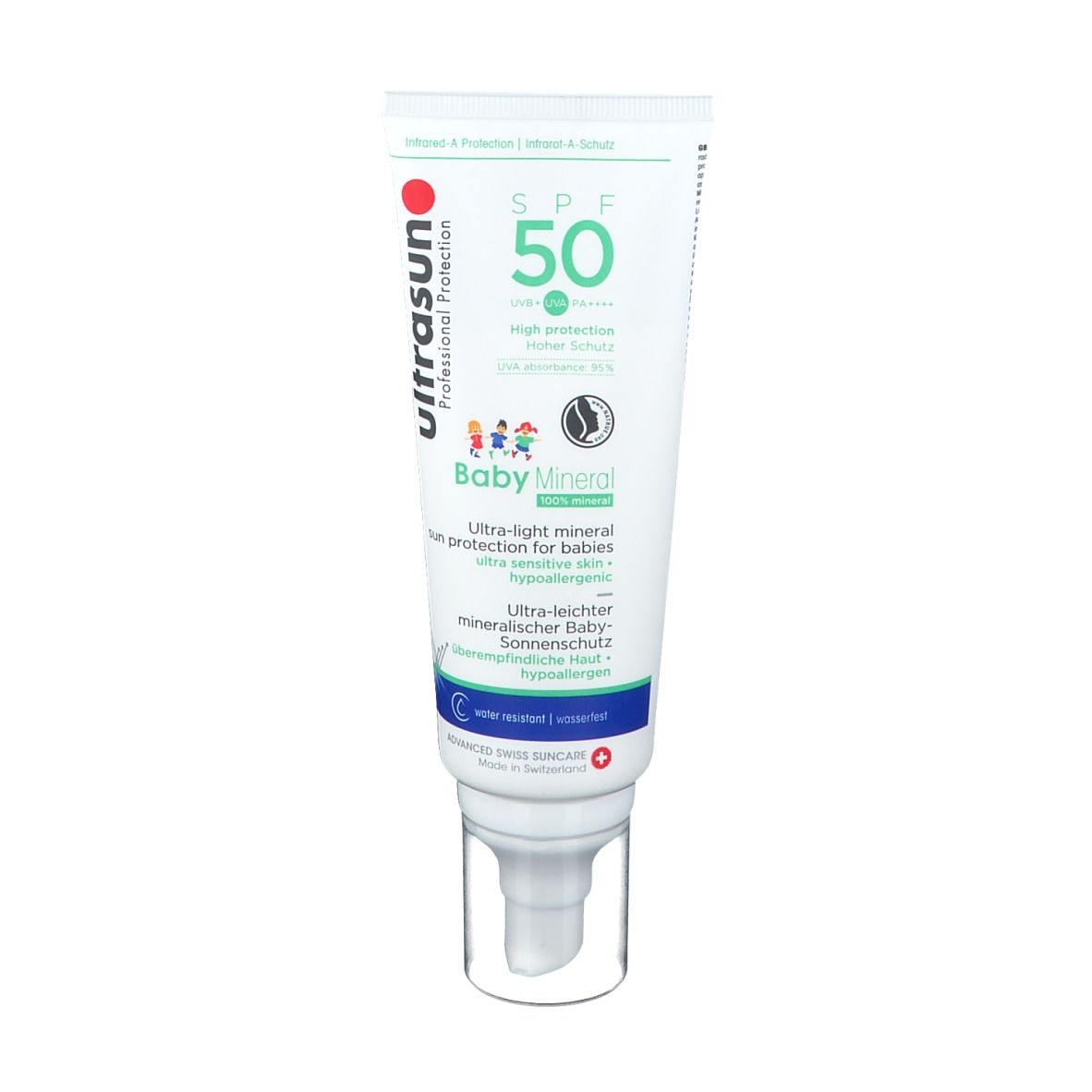 Tube blanche avec SPF 50, Baby Mineral. Avec applicateur. Marque : ultrasun.