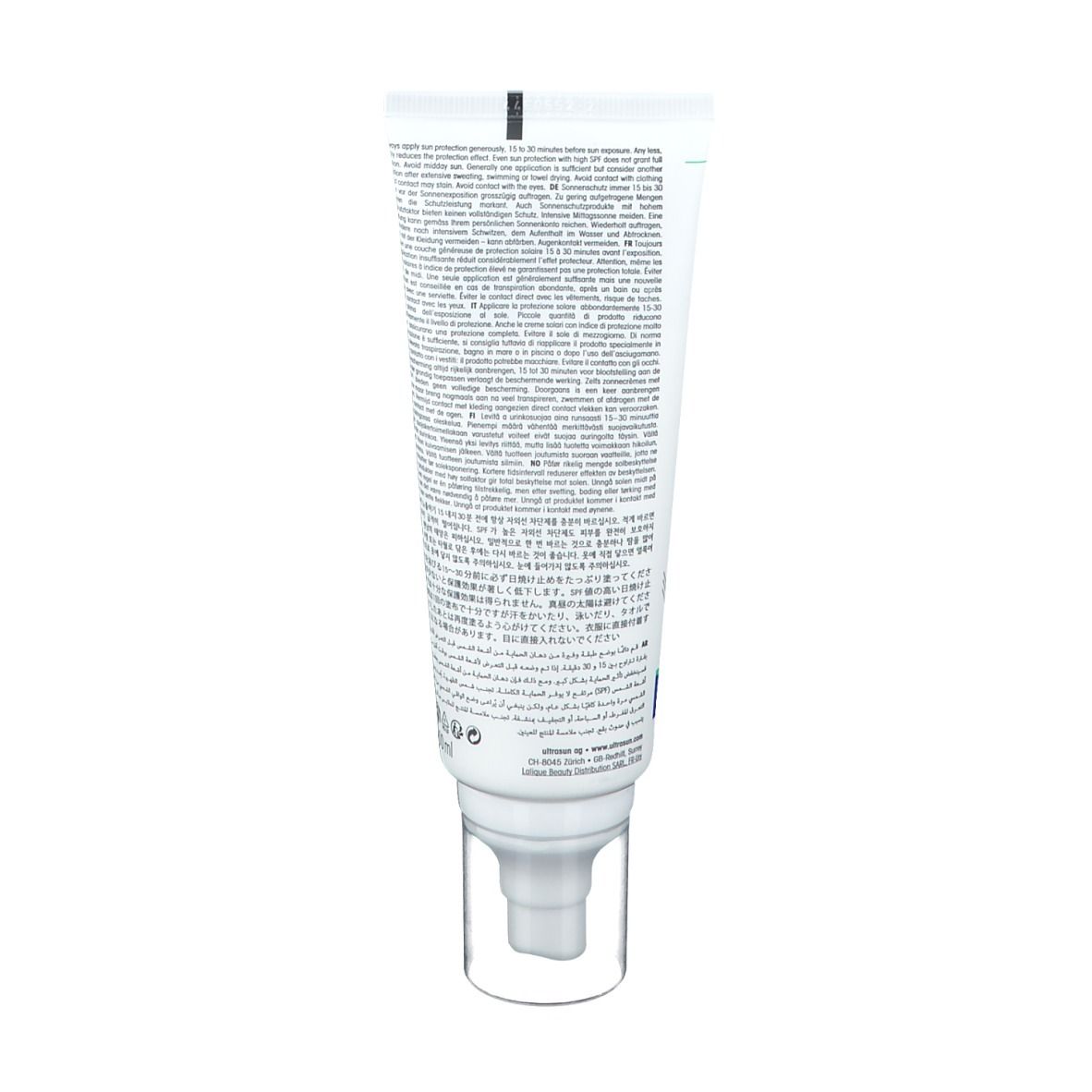 Dos d'un tube blanc. Texte multilingue. Avec applicateur.