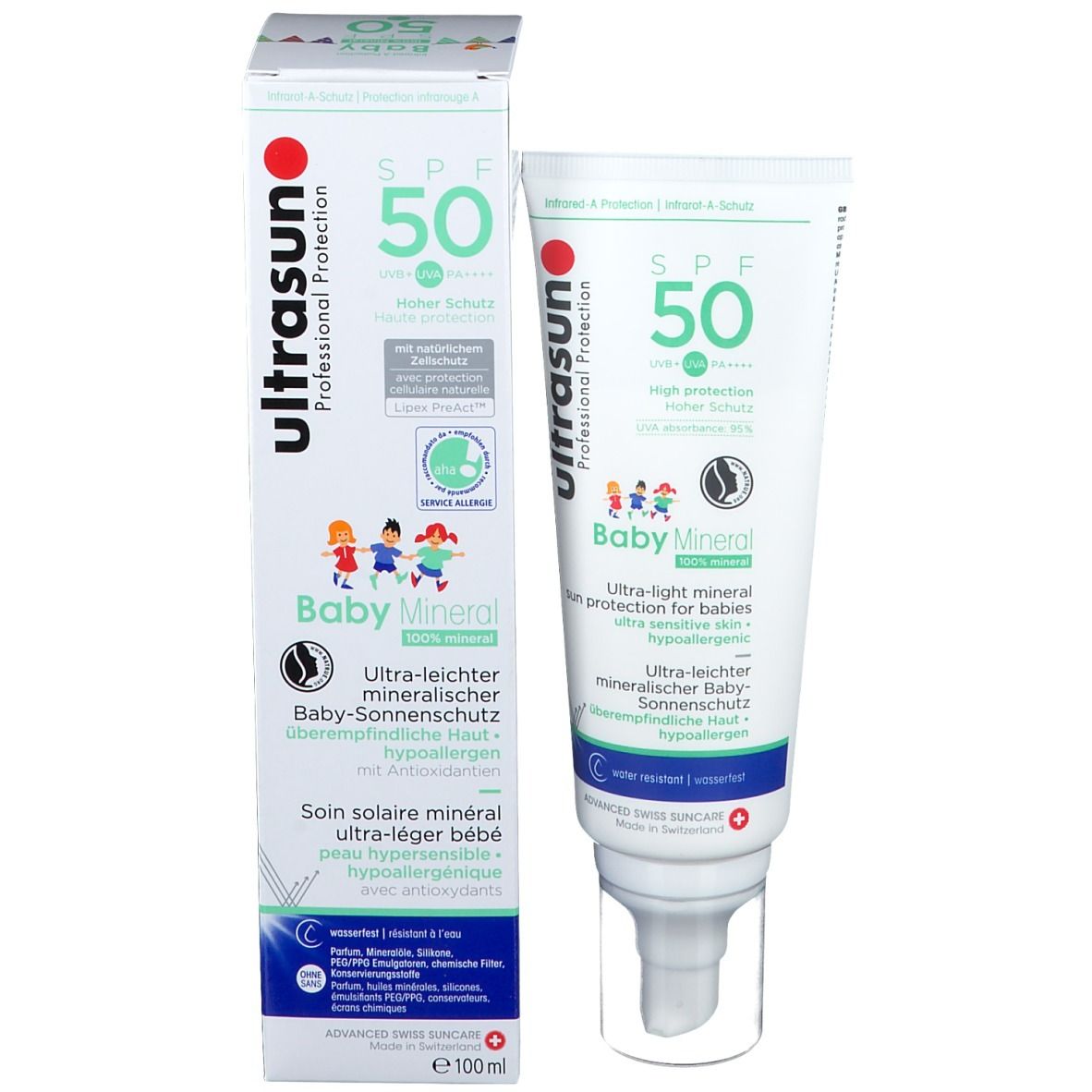 Emballage et tube. Inscription SPF 50, Baby Mineral. Marque : ultrasun.