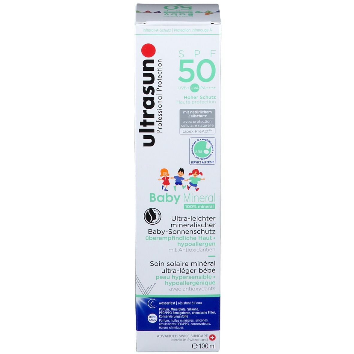 Emballage du produit. Inscription SPF 50, Baby Mineral. Marque : ultrasun.