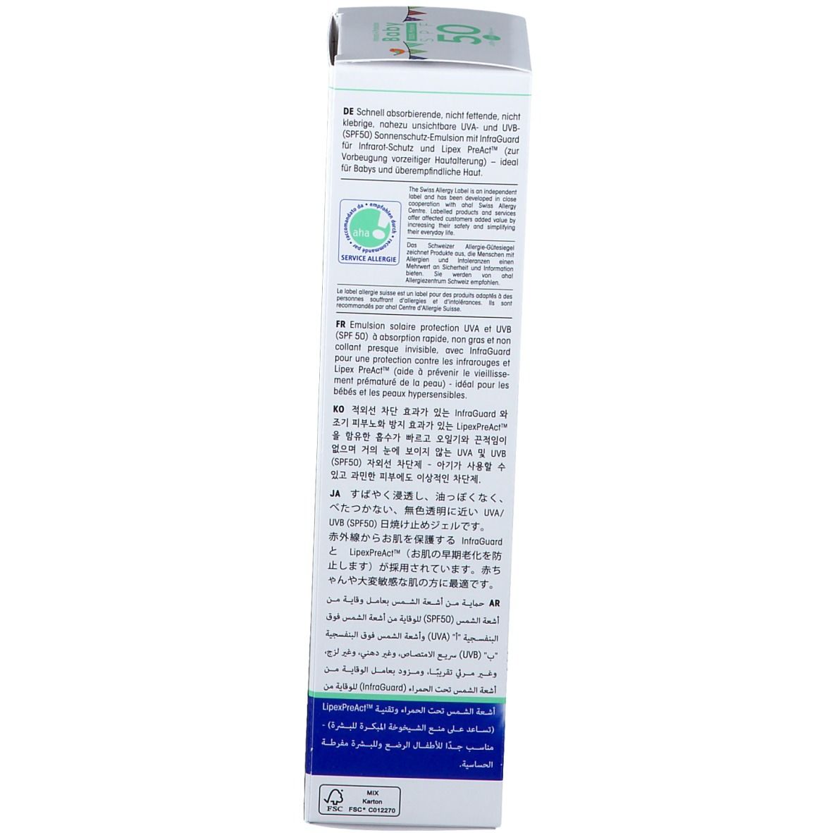 Emballage du produit. Texte multilingue. Marque : ultrasun.