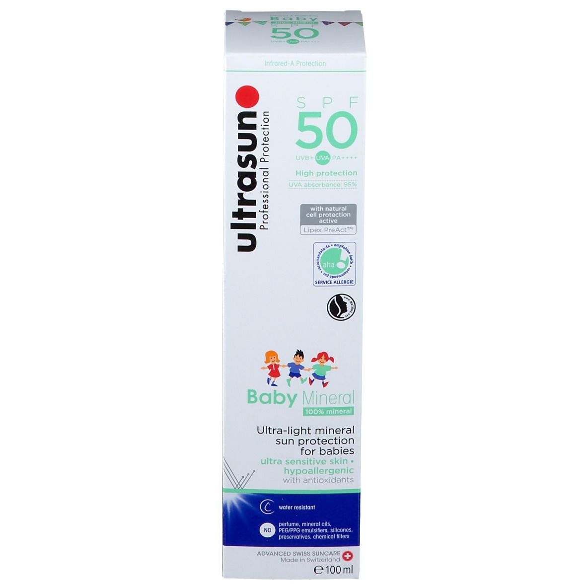 Emballage du produit. Inscription SPF 50, Baby Mineral. Marque : ultrasun.