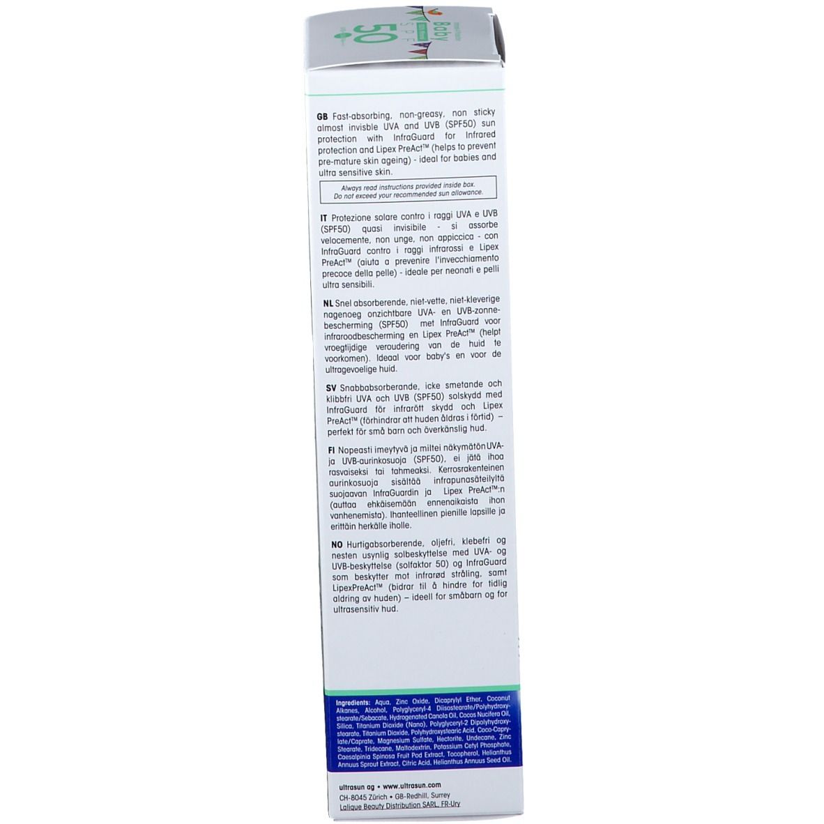 Emballage du produit. Texte multilingue. Marque : ultrasun.