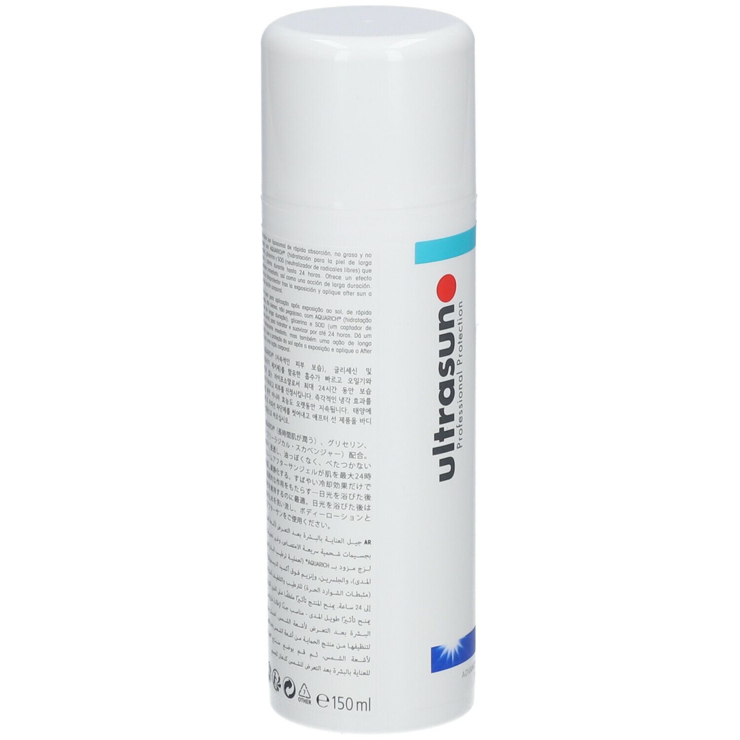 Flacon blanc avec texte. Inscription : ultrasun. Accents bleus et rouges. En bas : e150 ml.