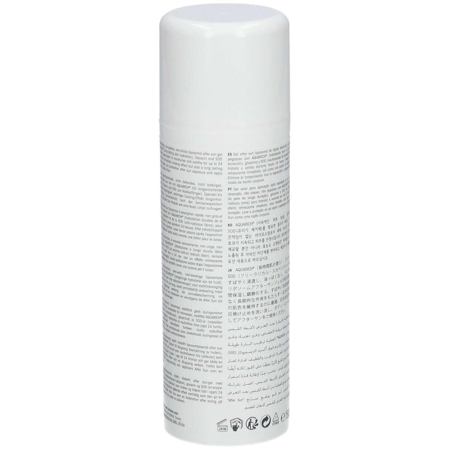 Flacon spray blanc avec texte. Dos avec texte en plusieurs langues.