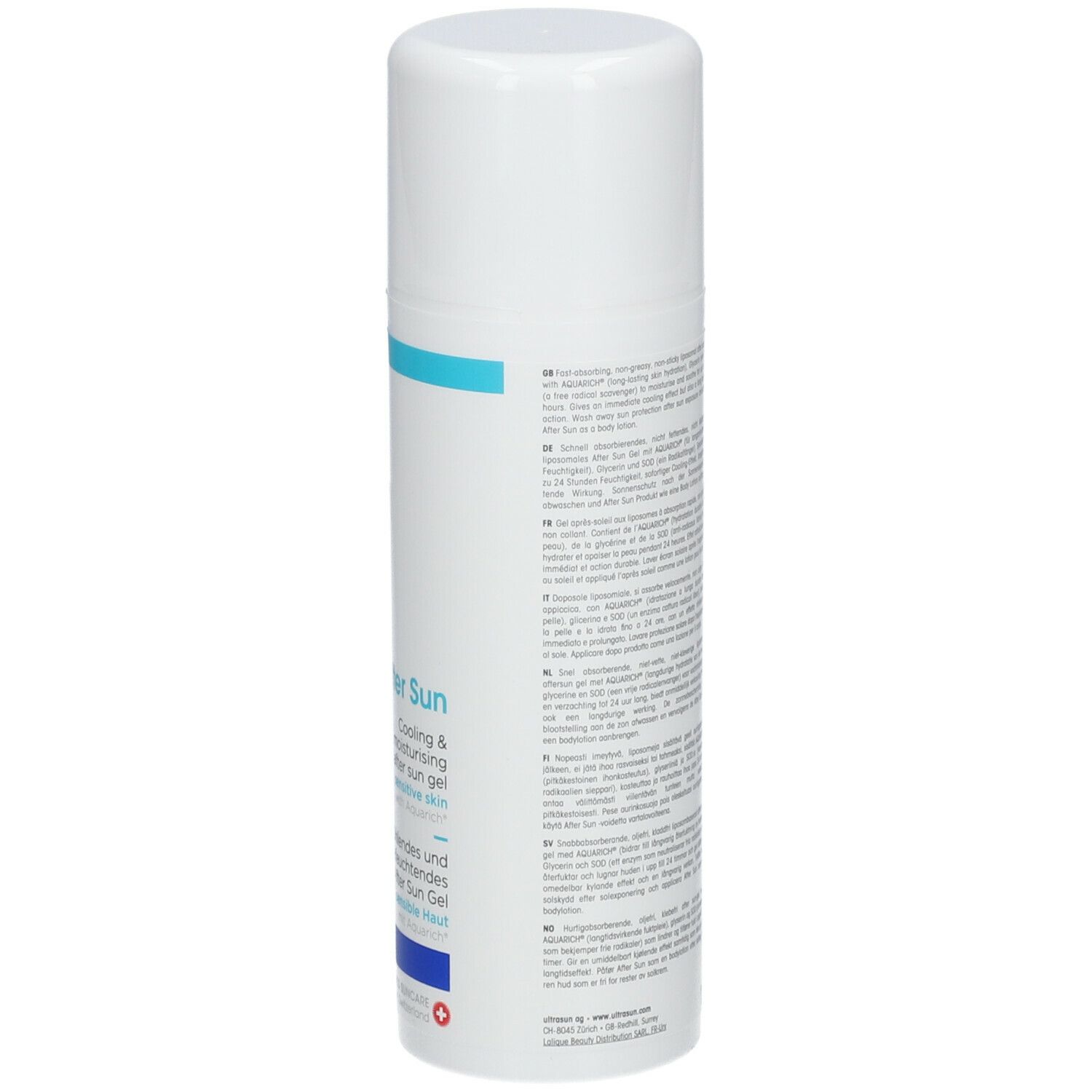 Flacon spray blanc avec texte. Inscription : After Sun. Accents bleus et rouges.