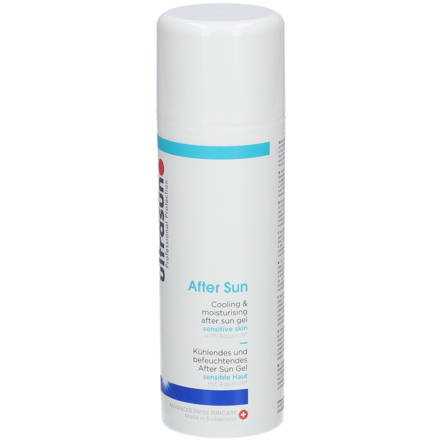 Flacon spray blanc avec texte. Inscription : After Sun. Accents bleus et rouges. Pour peau sensible.