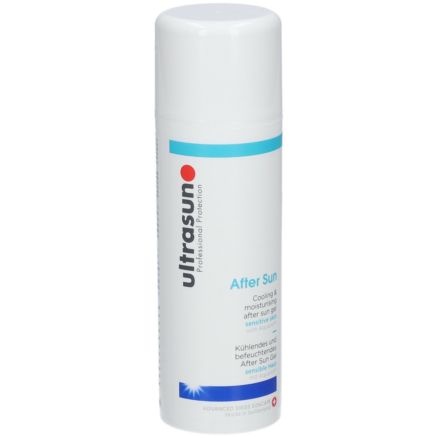 Flacon spray blanc avec texte. Inscription : ultrasun, After Sun. Accents bleus et rouges.
