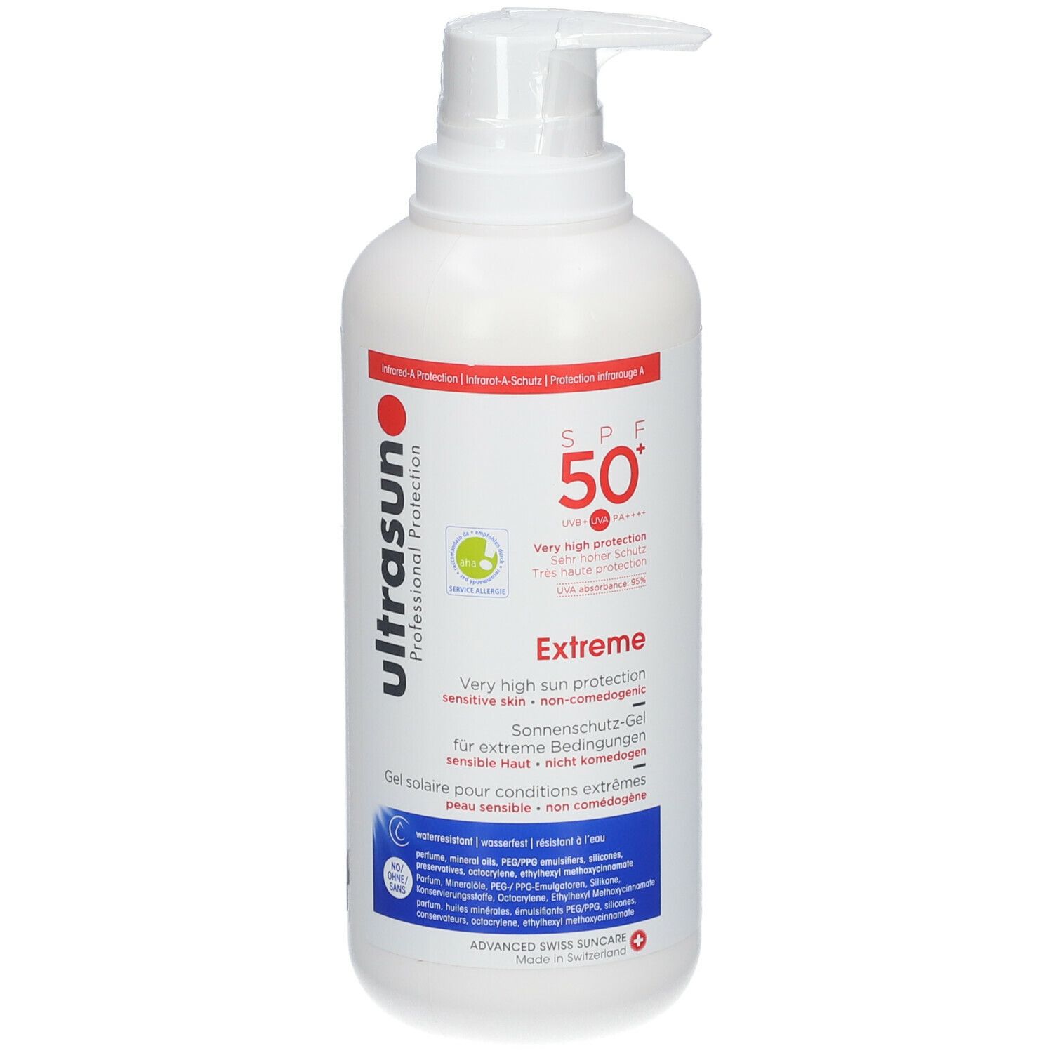 Witte fles met pomp. Opschrift: ultrasun Professional Protection, SPF 50+ Extreme. Gel voor extreme omstandigheden.