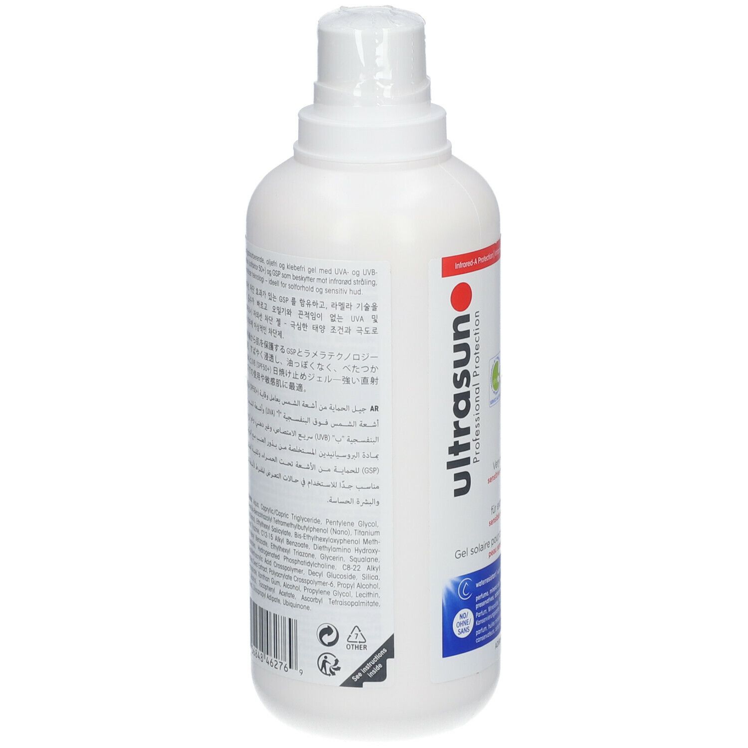 Achterkant van een witte fles met pomp. Tekst in meerdere talen. Merk: ultrasun Professional Protection. Gel solaire.