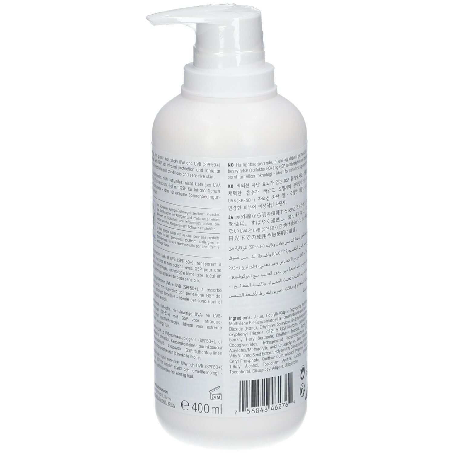 Achterkant van een witte fles met pomp. Tekst in meerdere talen. Volume: 400 ml. Merk: ultrasun.