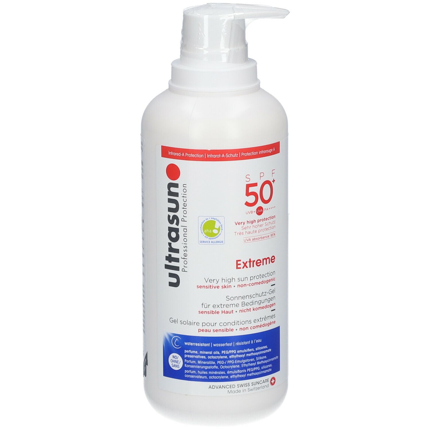 Witte fles met pomp. Opschrift: ultrasun Professional Protection, SPF 50+ Extreme. Gel voor extreme omstandigheden.