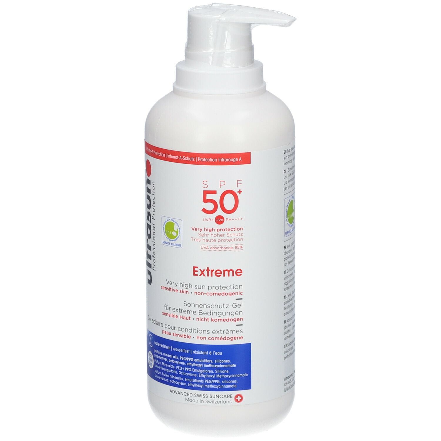 Witte fles met pomp. Opschrift: ultrasun Professional Protection, SPF 50+ Extreme. Gel voor extreme omstandigheden.