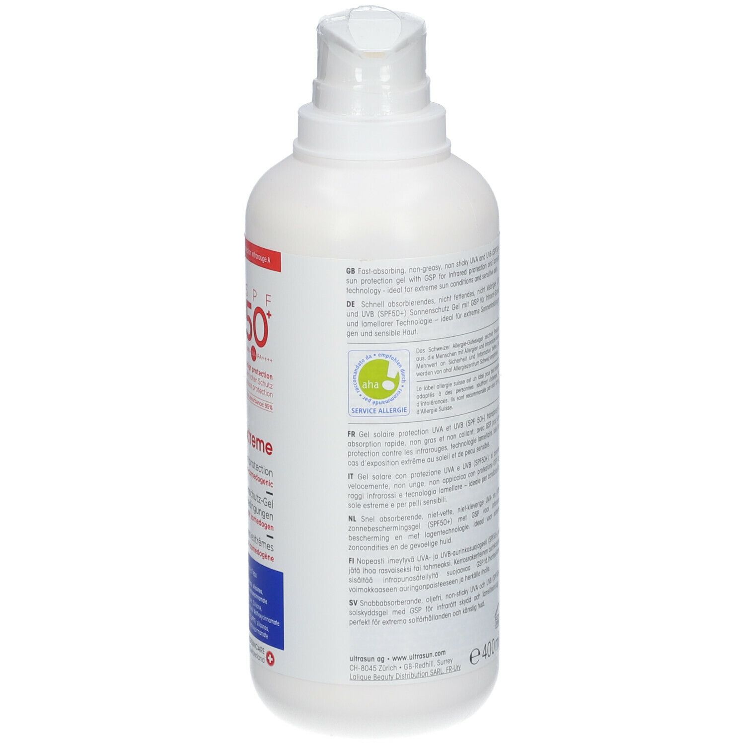 Achterkant van een witte fles met pomp. Tekst in meerdere talen. Volume: 400 ml. Merk: ultrasun.