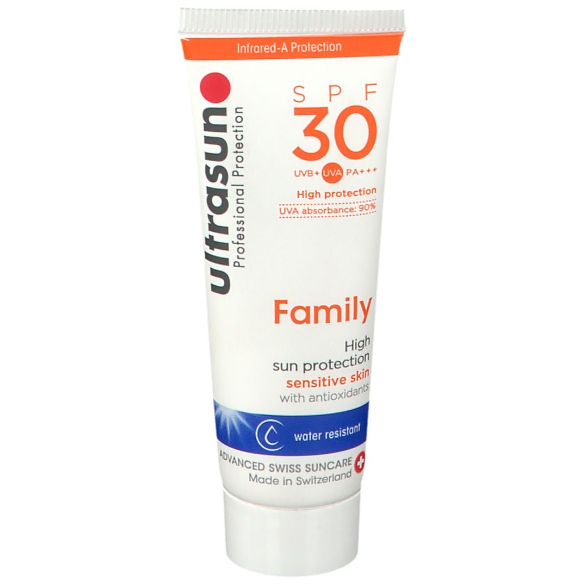 Witte tube met rode en oranje opdruk. Tekst: ultrasun, SPF 30, Family. Waterbestendig. Made in Switzerland.