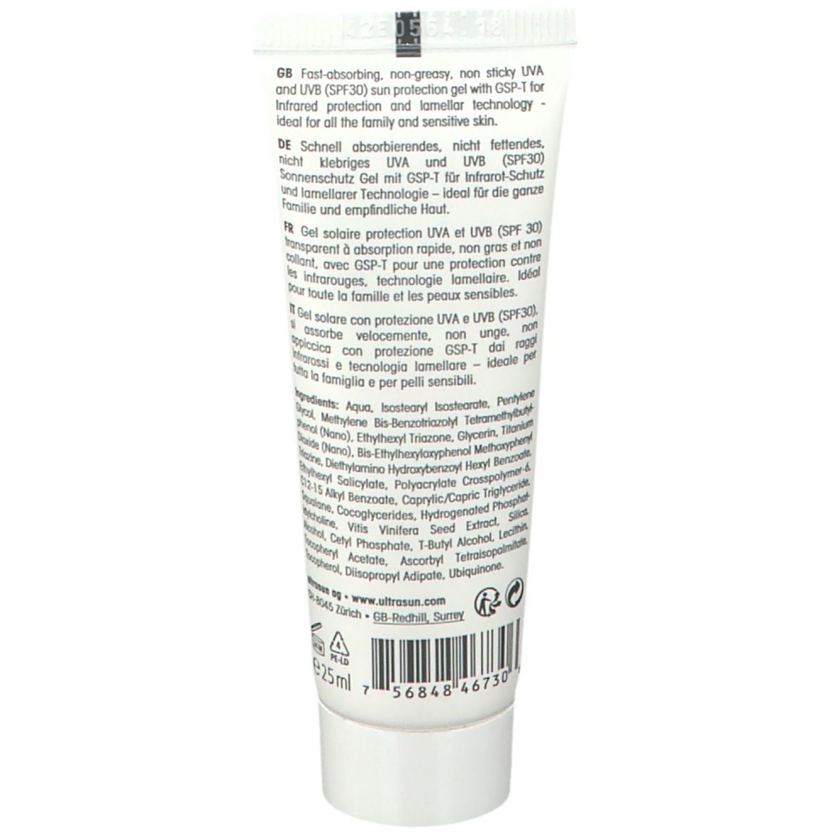 Achterkant van de tube. Tekst in meerdere talen. Ingrediënten en informatie. Volume: 25 ml. Barcode.