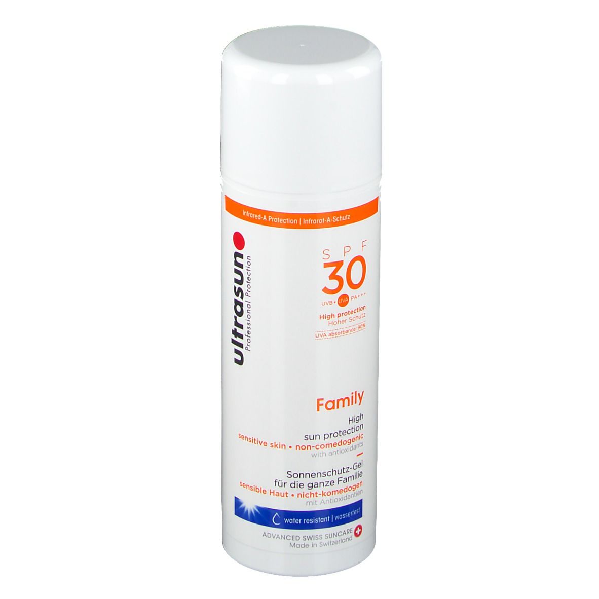 Weißes Sonnenschutz-Gel mit roter und orangefarbener Beschriftung. Enthält SPF 30 und den Schriftzug Family.