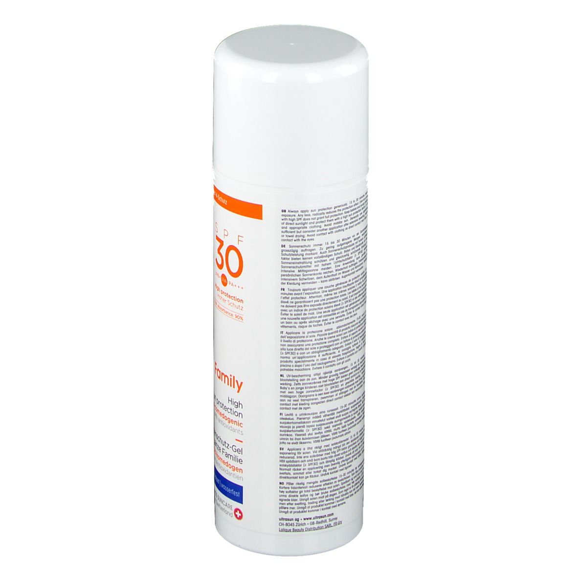 Weißes Sonnenschutz-Gel mit Text auf der Rückseite. Enthält Informationen über das Produkt.
