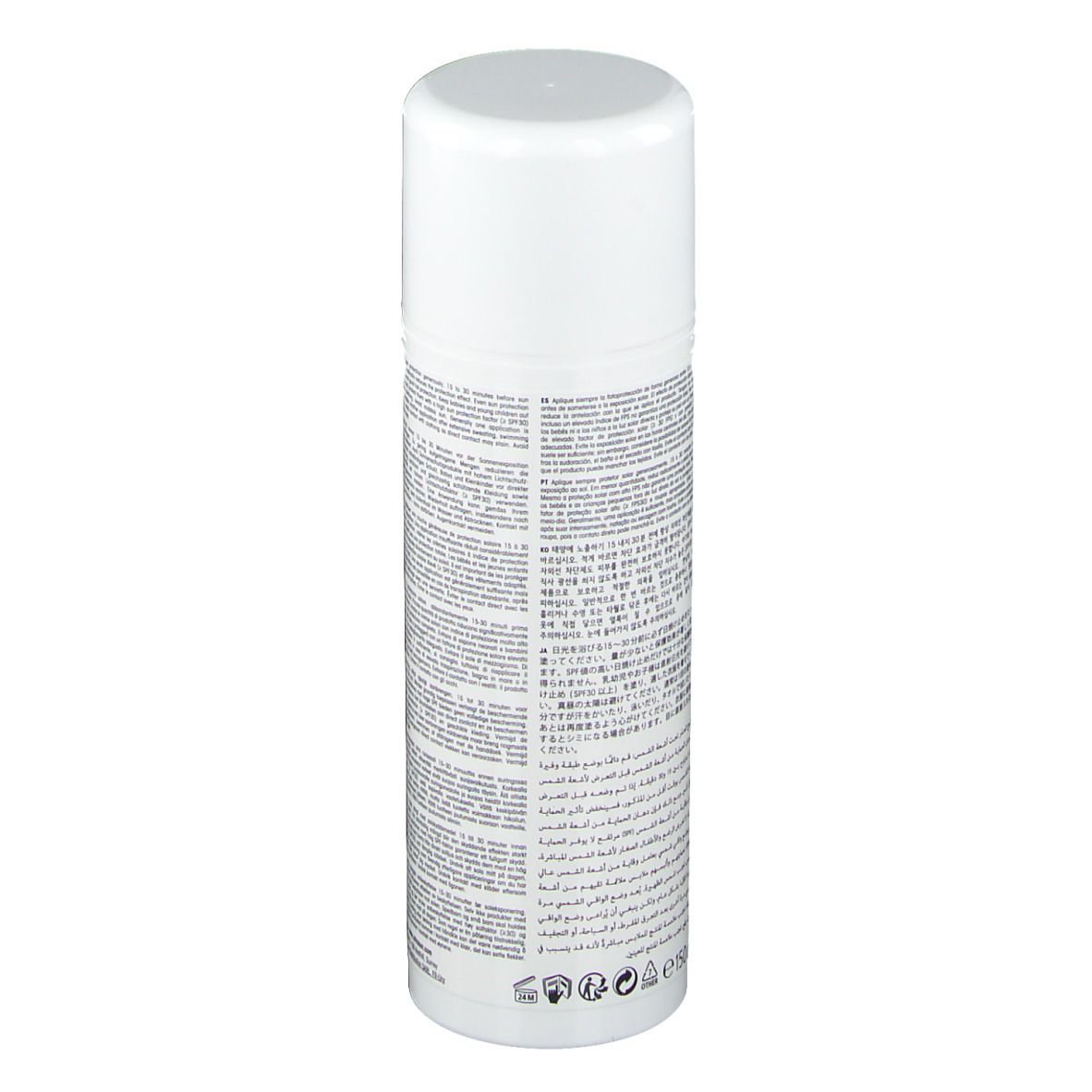Weißes Sonnenschutz-Gel mit Text auf der Rückseite. Enthält Informationen über das Produkt.