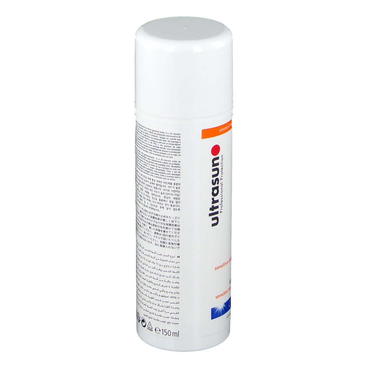 Weißes Sonnenschutz-Gel mit Text auf der Rückseite. Enthält Informationen über das Produkt.