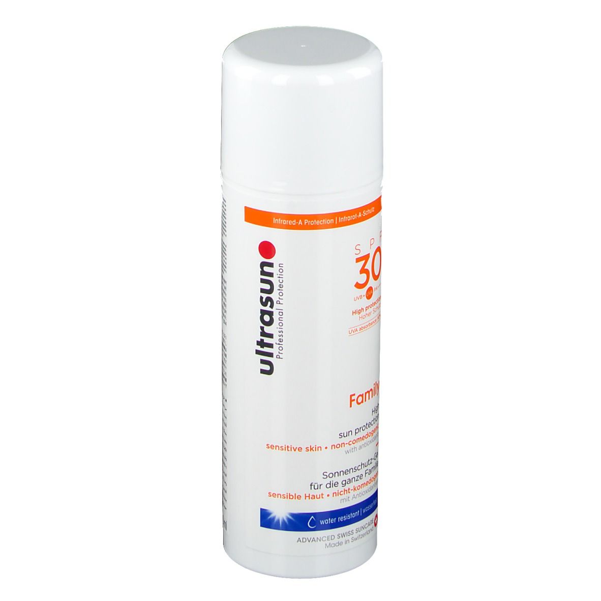 Weißes Sonnenschutz-Gel mit roter und orangefarbener Beschriftung. Enthält SPF 30 und den Schriftzug Family.