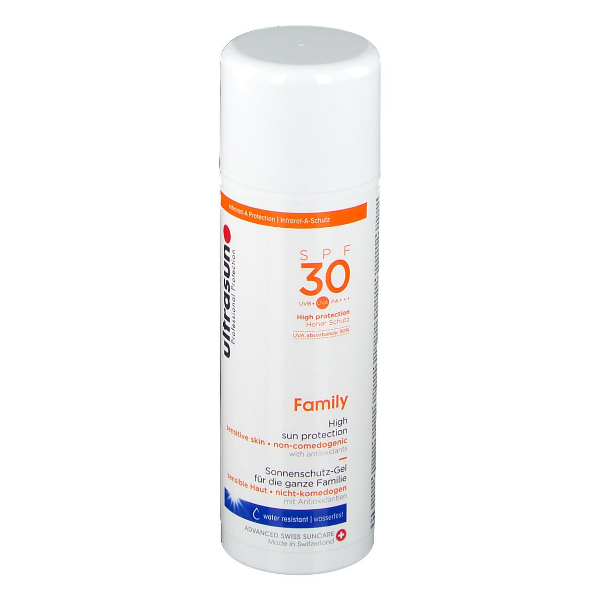 Weißes Sonnenschutz-Gel mit roter und orangefarbener Beschriftung. Enthält SPF 30 und den Schriftzug Family.