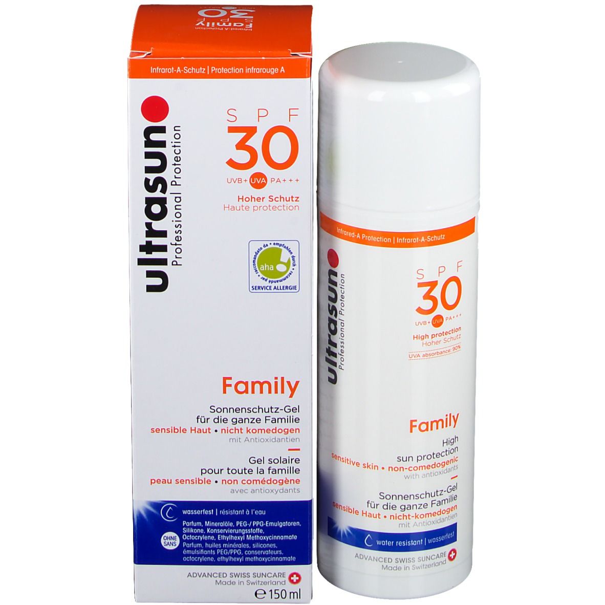 Sonnenschutz-Gel und Verpackung. Enthält SPF 30, Family und Logos. Die Verpackung ist weiß und orange.