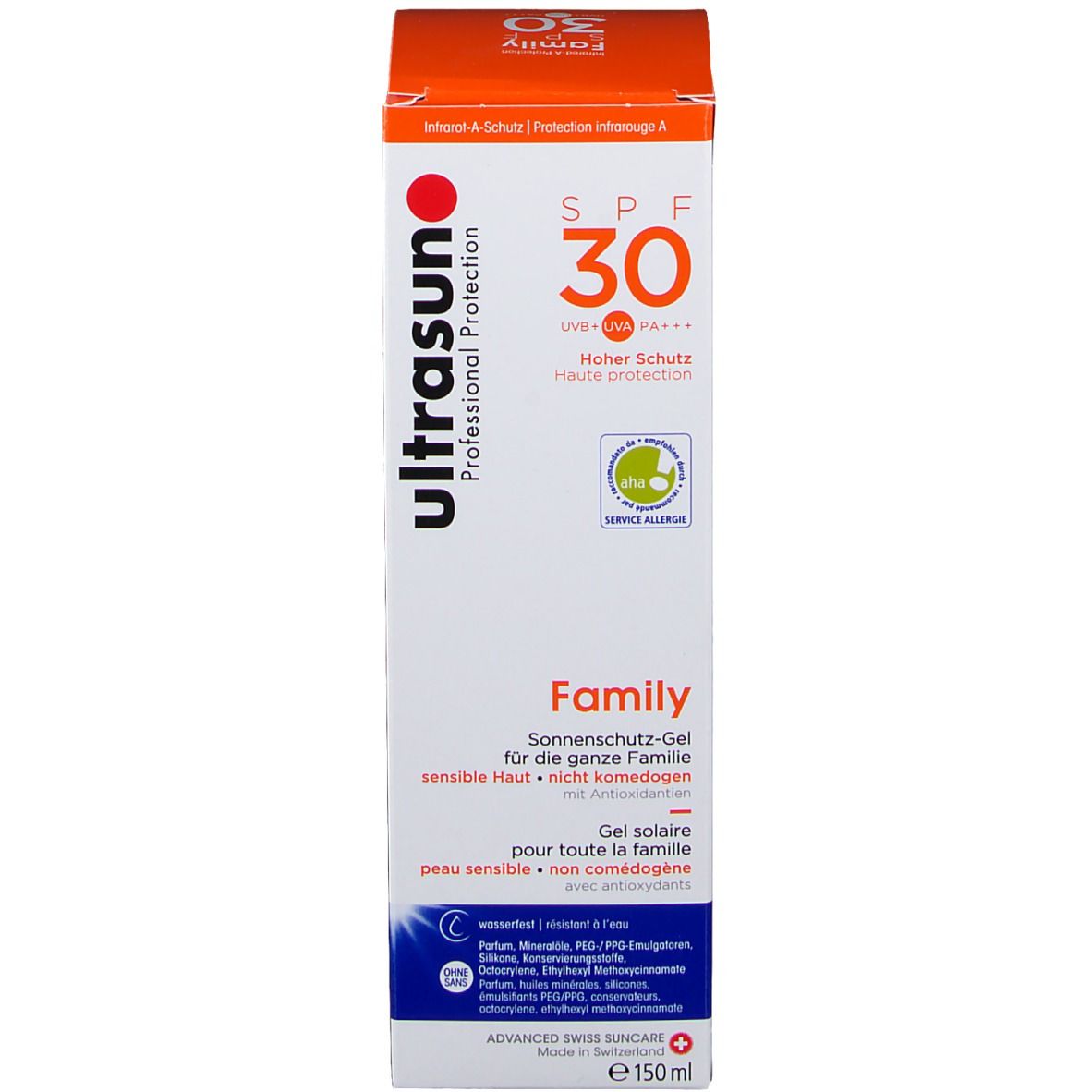 Verpackung mit Sonnenschutz-Gel. Enthält SPF 30, Family und Logos. Die Verpackung ist weiß und orange.